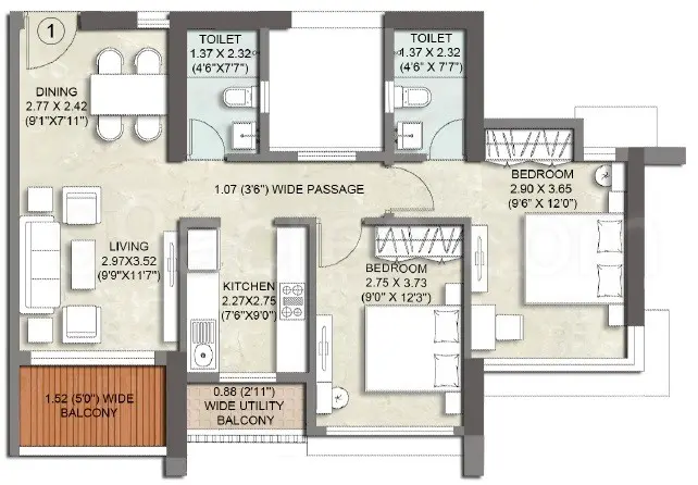 Kalpataru Paramount 2 BHK 672 Sqft Floor Plan Kapurbawdi Thane West