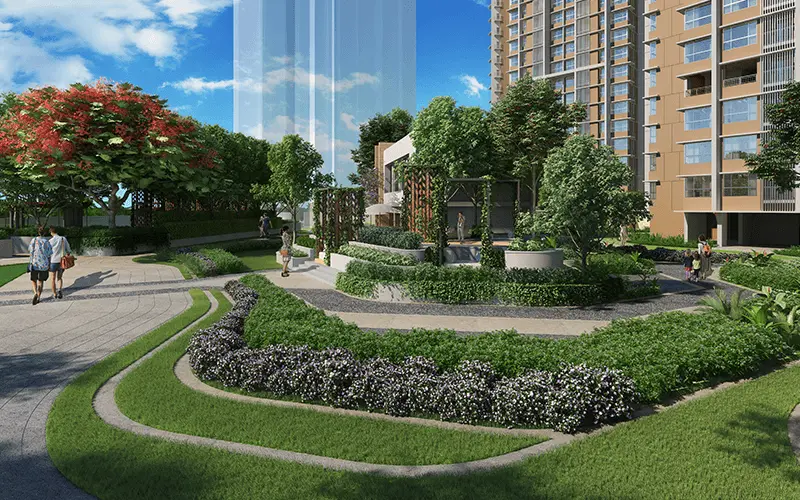 Kalpataru Paramount Podium Garden Seating Walking Area Amenities View Kapurbawdi Thane West